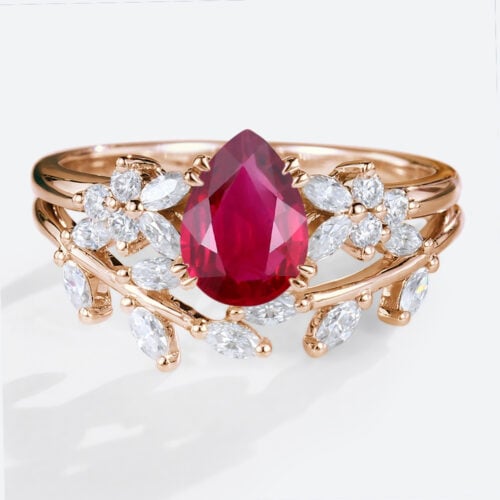 Pear Shaped Lab Ruby Ring Set Floral-Inspired Engagement Ring with Curved Vine Band in Rose Gold