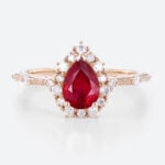 Rose Gold 1ct Halo Lab Ruby Ring Pear Cut Engagement Ring Beaded Bridal Ring