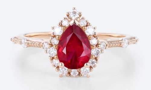 Rose Gold 1ct Halo Lab Ruby Ring Pear Cut Engagement Ring Beaded Bridal Ring