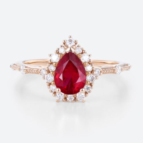 Rose Gold 1ct Halo Lab Ruby Ring Pear Cut Engagement Ring Beaded Bridal Ring