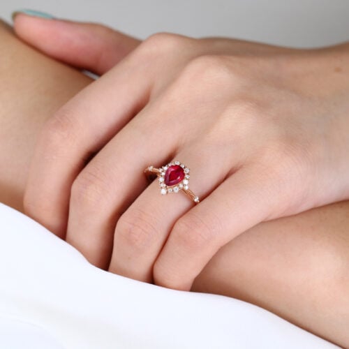 Rose Gold 1ct Halo Lab Ruby Ring Pear Cut Engagement Ring Beaded Bridal Ring