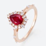 Rose Gold 1ct Halo Lab Ruby Ring Pear Cut Engagement Ring Beaded Bridal Ring