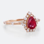 Rose Gold 1ct Halo Lab Ruby Ring Pear Cut Engagement Ring Beaded Bridal Ring
