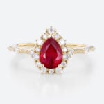 Yellow Gold 1ct Halo Lab Ruby Ring Pear Cut Engagement Ring Beaded Bridal Ring