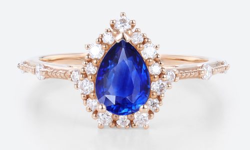 0.8ct Lab Sapphire Rings for Women Pear Shaped Halo Engagement Ring Vintage Bridal Ring in Rose Gold