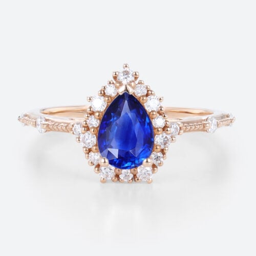 0.8ct Lab Sapphire Rings for Women Pear Shaped Halo Engagement Ring Vintage Bridal Ring in Rose Gold