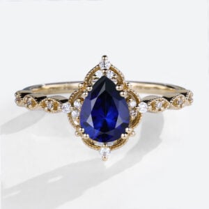 1.2ct Lab Sapphire Engagement Ring Pear Shaped Vintage Bridal Ring in Yellow Gold