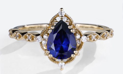 1.2ct Lab Sapphire Engagement Ring Pear Shaped Vintage Bridal Ring in Yellow Gold