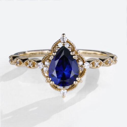 1.2ct Lab Sapphire Engagement Ring Pear Shaped Vintage Bridal Ring in Yellow Gold