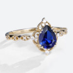 1.2ct Lab Sapphire Engagement Ring Pear Shaped Vintage Bridal Ring in Yellow Gold