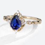 1.2ct Lab Sapphire Engagement Ring Pear Shaped Vintage Bridal Ring in Yellow Gold