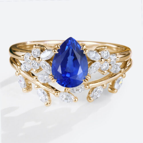 1.2ct Lab Sapphire Rings Set Nature-Inspired with Curved Vine Band in Yellow Gold