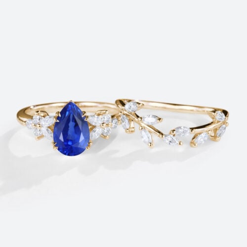 1.2ct Lab Sapphire Rings Set Nature-Inspired with Curved Vine Band in Yellow Gold