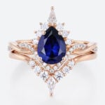 Lab Blue Sapphire Engagement Rings with Curved Diamond Wedding Band Set in Rose Gold