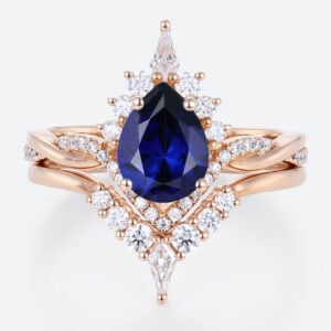 Lab Blue Sapphire Engagement Rings with Curved Diamond Wedding Band Set in Rose Gold