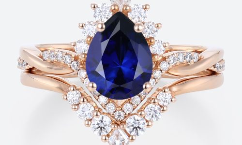Lab Blue Sapphire Engagement Rings with Curved Diamond Wedding Band Set in Rose Gold