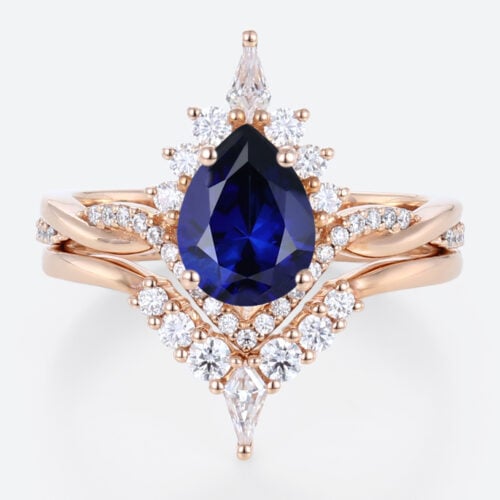 Lab Blue Sapphire Engagement Rings with Curved Diamond Wedding Band Set in Rose Gold