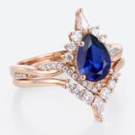 Lab Blue Sapphire Engagement Rings with Curved Diamond Wedding Band Set in Rose Gold