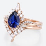Lab Blue Sapphire Engagement Rings with Curved Diamond Wedding Band Set in Rose Gold