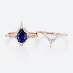 Lab Blue Sapphire Engagement Rings with Curved Diamond Wedding Band Set in Rose Gold