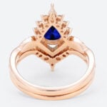 Lab Blue Sapphire Engagement Rings with Curved Diamond Wedding Band Set in Rose Gold