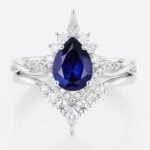 Lab Blue Sapphire Engagement Rings with Curved Diamond Wedding Band Set in White Gold