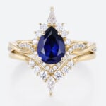 Lab Blue Sapphire Engagement Rings with Curved Diamond Wedding Band Set in Yellow Gold