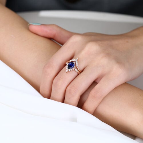 Lab Blue Sapphire Engagement Rings with Curved Diamond Wedding Band Set in Rose Gold