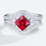 1.3ct Princess Cut lab Ruby Engagement Rings with Enhancer Band Set in White Gold