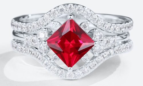 1.3ct Princess Cut lab Ruby Engagement Rings with Enhancer Band Set in White Gold