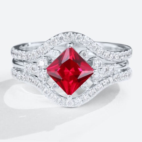 1.3ct Princess Cut lab Ruby Engagement Rings with Enhancer Band Set in White Gold