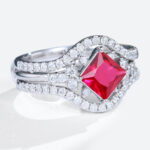 1.3ct Princess Cut lab Ruby Engagement Rings with Enhancer Band Set in White Gold