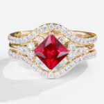1.3ct Princess Cut lab Ruby Engagement Rings with Enhancer Band Set in Yellow Gold