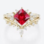 Lab Ruby Wedding Rings Set Princess Cut Ruby Cluster Engagement Ring with Curved Wedding Band in Yellow Gold