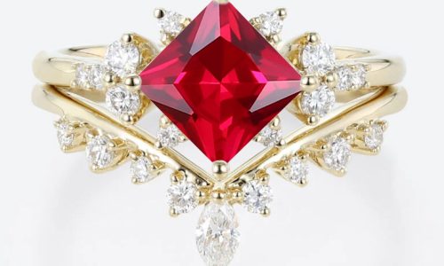 Lab Ruby Wedding Rings Set Princess Cut Ruby Cluster Engagement Ring with Curved Wedding Band in Yellow Gold