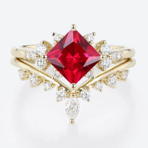 Lab Ruby Wedding Rings Set Princess Cut Ruby Cluster Engagement Ring with Curved Wedding Band in Yellow Gold