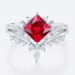 Lab Ruby Wedding Rings Set Princess Cut Ruby Cluster Engagement Ring with Curved Wedding Band in White Gold