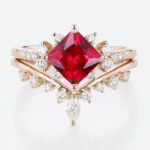 Lab Ruby Wedding Rings Set Princess Cut Ruby Cluster Engagement Ring with Curved Wedding Band in Rose Gold