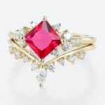Lab Ruby Wedding Rings Set Princess Cut Ruby Cluster Engagement Ring with Curved Wedding Band in Yellow Gold