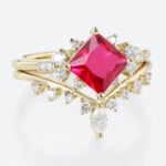 Lab Ruby Wedding Rings Set Princess Cut Ruby Cluster Engagement Ring with Curved Wedding Band in Yellow Gold