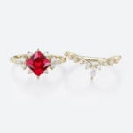 Lab Ruby Wedding Rings Set Princess Cut Ruby Cluster Engagement Ring with Curved Wedding Band in Yellow Gold