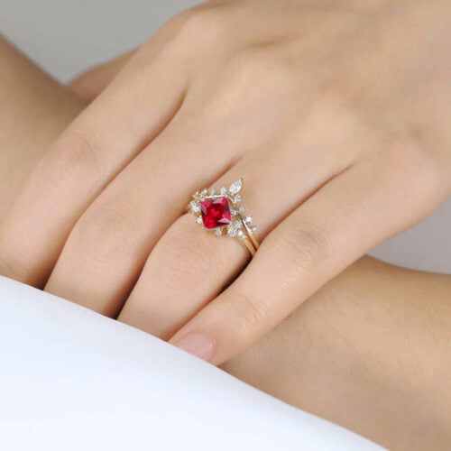 Lab Ruby Wedding Rings Set Princess Cut Ruby Cluster Engagement Ring with Curved Wedding Band in Yellow Gold
