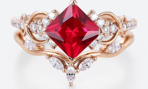 Princess Cut Lab Ruby Infinity Engagement Ring Set with Curved Leaf Band in Rose Gold