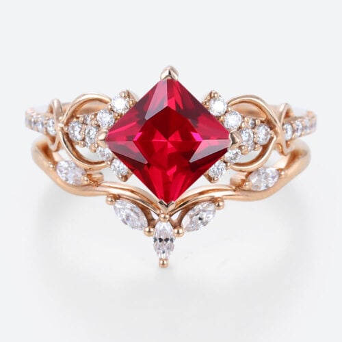 Princess Cut Lab Ruby Infinity Engagement Ring Set with Curved Leaf Band in Rose Gold