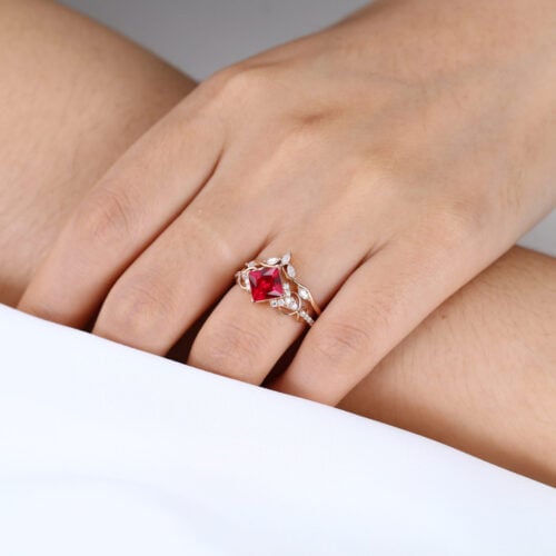 Princess Cut Lab Ruby Infinity Engagement Ring Set with Curved Leaf Band in Rose Gold