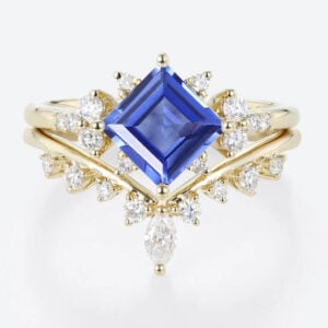 Lab Grown Sapphire Wedding Rings Set Princess Cut Ruby Cluster Engagement Ring with Curved Wedding Band in Yellow Gold