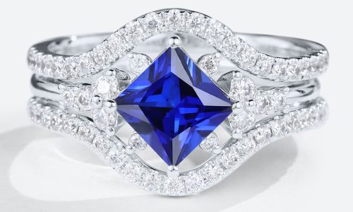 Lab Sapphire Rings Set 1.3ct Sapphire Ring with Enhancer Band Set in White Gold