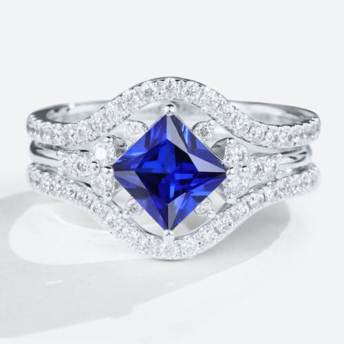 Lab Sapphire Rings Set 1.3ct Sapphire Ring with Enhancer Band Set in White Gold