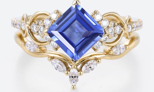 1.4ct Princess Cut Infinity Lab Sapphire Ring Set with Curved Leaf Band in Yellow Gold