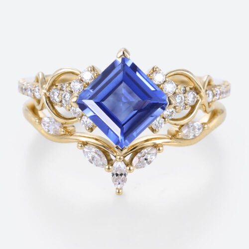 1.4ct Princess Cut Infinity Lab Sapphire Ring Set with Curved Leaf Band in Yellow Gold